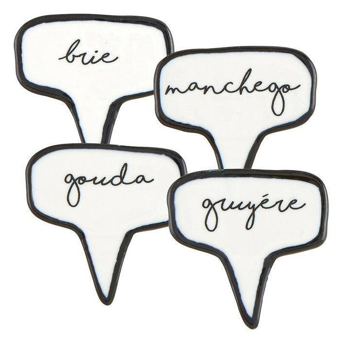 Ceramic Cheese Markers set of 4 — speech bubble shaped ceramic markers labeled Brie, Manchego, Gouda, and Gruyere in black and white