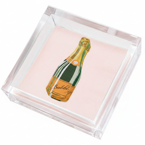 Champagne bottle with 'Bubbly' text on a clear square napkin holder