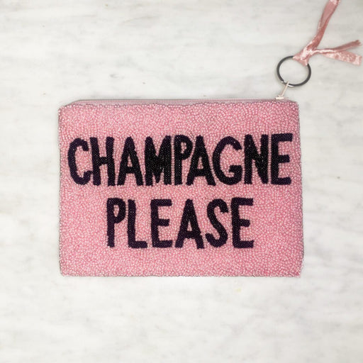 Pink beaded zipper pouch with Champagne Please lettering in black beads, champagne bottle on back, keyring finial closure