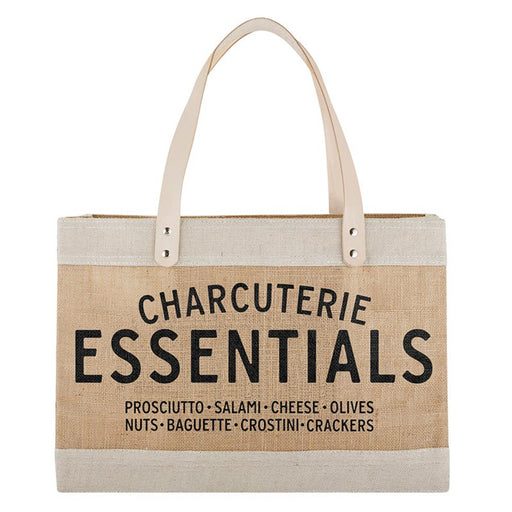 Large jute market tote bag with Charcuterie Essentials lettering and leather handles