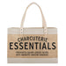 Large jute market tote bag with Charcuterie Essentials lettering and leather handles