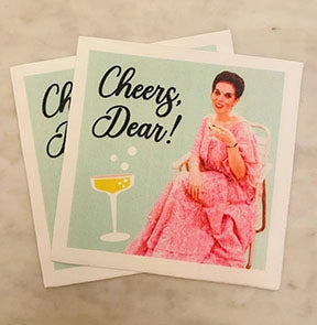 Personalized Cheers Dear cocktail napkins with retro woman illustration