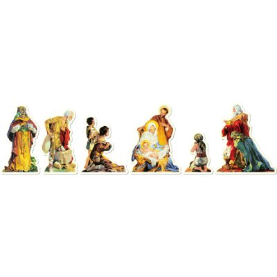 Christmas nativity scene garland with cardboard cut-outs for mantels, holiday decor, Epiphany and Three Kings Day celebrations.