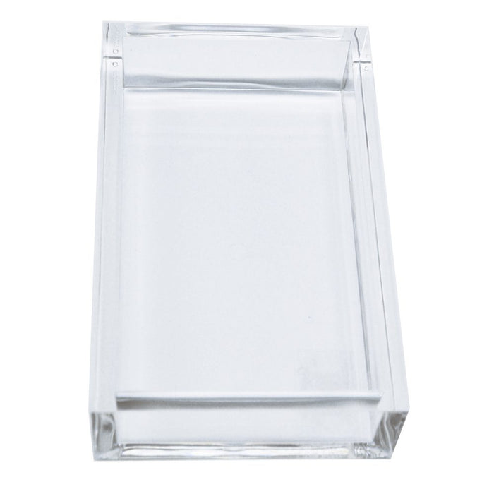 clear lucite guest towel napkin holder with stacked white paper towels, modern acrylic holder for bathroom or entertaining