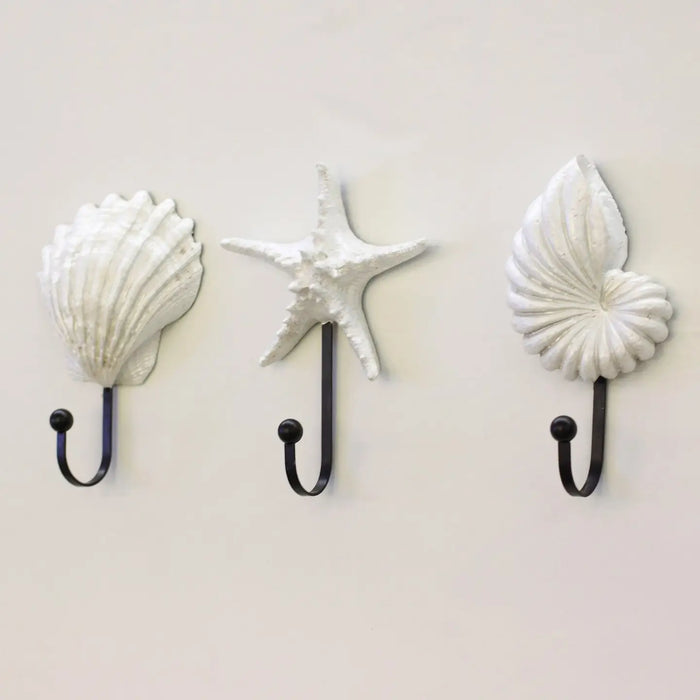Set of 3 white coastal seashell and starfish wall hooks with black metal hooks