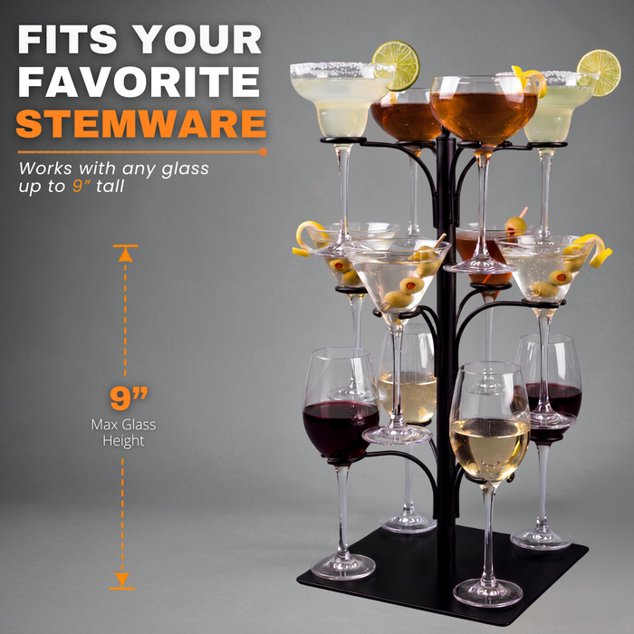 3-tier cocktail tree stand displaying wine, champagne, and cocktail glasses