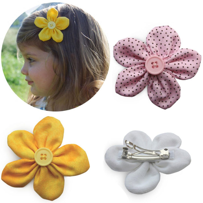 Cotton flower hair clips for girls in pink, yellow, and white – handmade hair accessories from Modern Lola