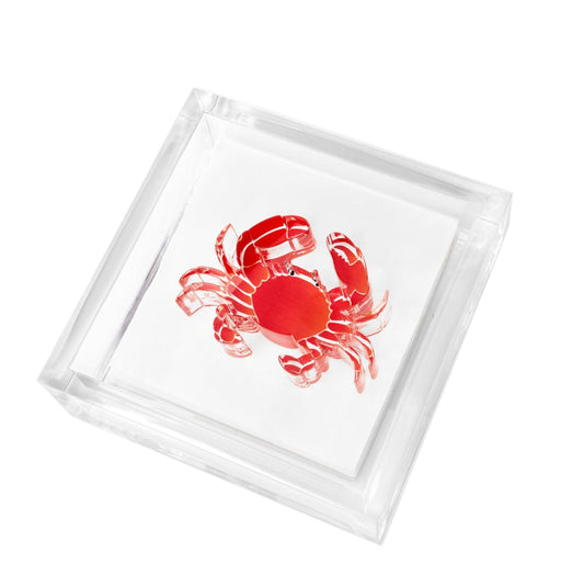 Clear acrylic cocktail napkin holder with a red crab napkin weight
