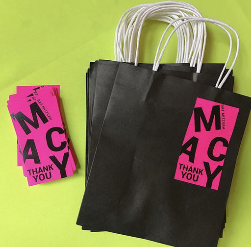 Custom Bat Mitzvah thank you bag labels in pink and black on gift bags — personalized event labels by Modern Lola