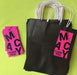 Custom Bat Mitzvah thank you bag labels in pink and black on gift bags — personalized event labels by Modern Lola