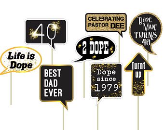 Full set of 8 black and gold birthday photo booth props laid flat showing all designs