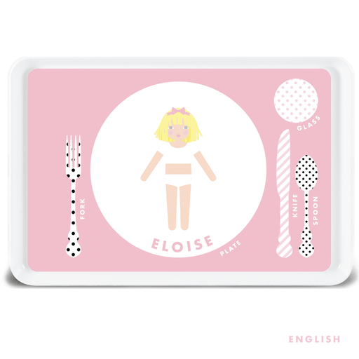 Pink custom English paper doll melamine tray for kids with table setting words
