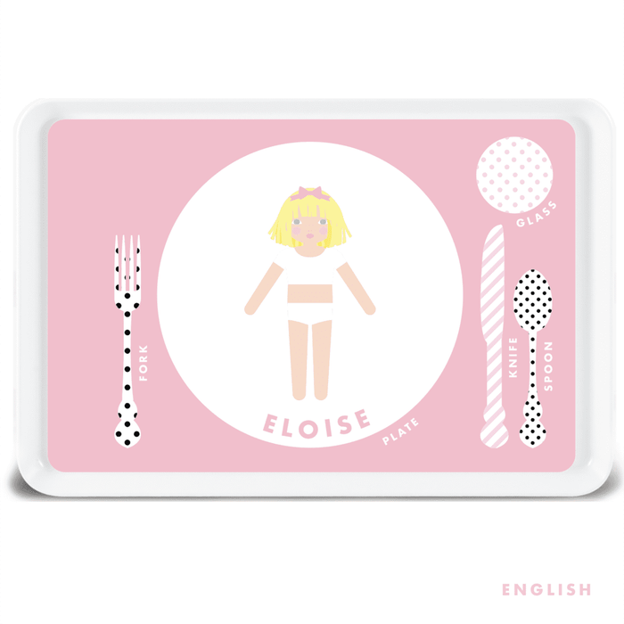 Pink custom English paper doll melamine tray for kids with table setting words