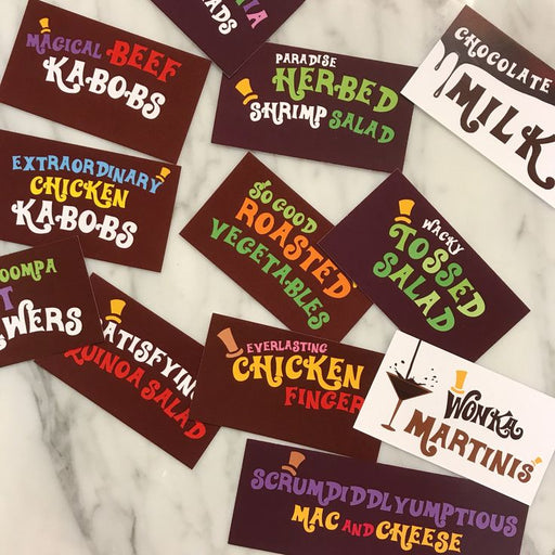 Custom Chocolate Factory food cards with menu items — Willy Wonka party supplies Modern Lola