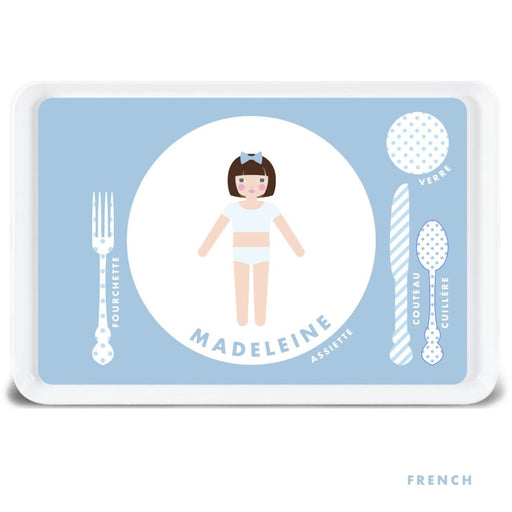 Blue custom French paper doll melamine tray for kids with French table setting words