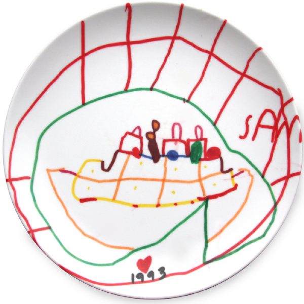 Personalized melamine plate featuring a child’s original artwork, a custom kids keepsake gift and made-to-order plate from Modern Lola.