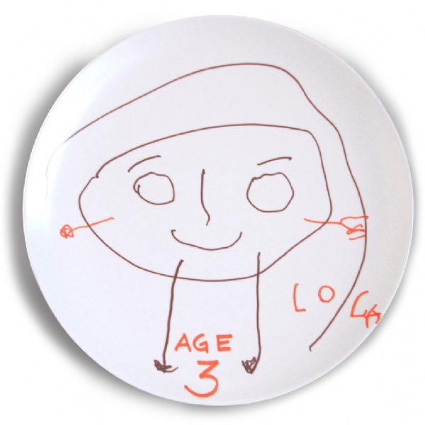 Personalized melamine plate featuring a child’s original artwork, a custom kids keepsake gift and made-to-order plate from Modern Lola.