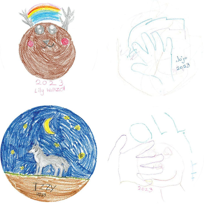 A set of custom melamine plates with hand-drawn artwork uploaded from a user. The artwork includes a whimsical character and a night sky with a wolf.