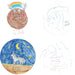 A set of custom melamine plates with hand-drawn artwork uploaded from a user. The artwork includes a whimsical character and a night sky with a wolf.