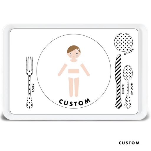 Black and white custom paper doll melamine tray for kids with table setting words