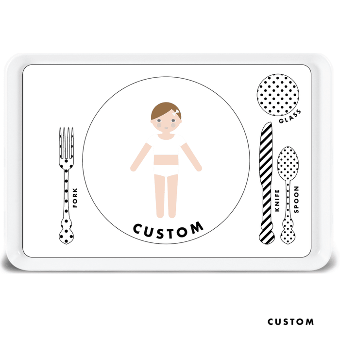 Black and white custom paper doll melamine tray for kids with table setting words