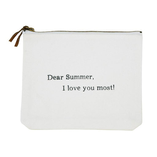 White canvas zipper pouch with Dear Summer I love you most lettering for beach essentials