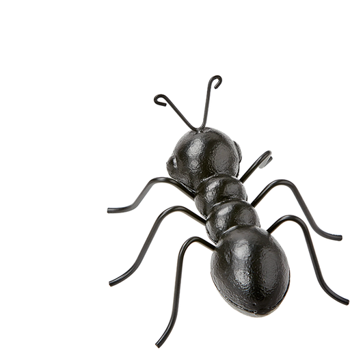 Decorative metallic ant figurine for garden styling, outdoor decor, or whimsical tabletop displays.