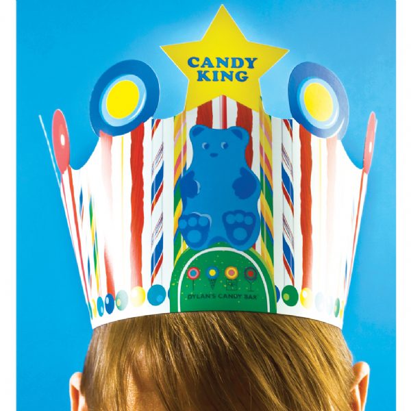 Dylan's Candy Bar gummy bear die-cut birthday crown with satin ribbon tie, candy print