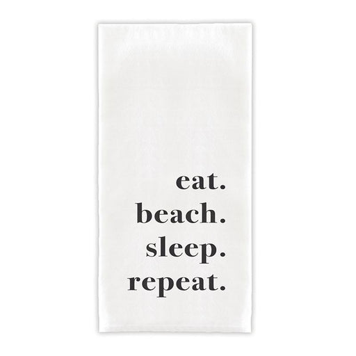 White cotton hand towel with Eat Beach Sleep Repeat lettering for coastal kitchen or bathroom decor