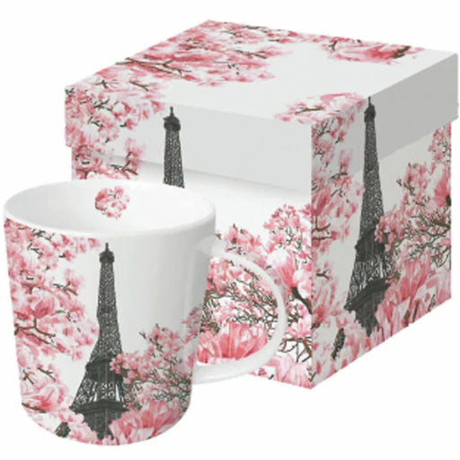 Eiffel Tower Cherry Blossom Ceramic Mug — ceramic mug with Eiffel Tower and pink cherry blossom print, shown with matching gift box