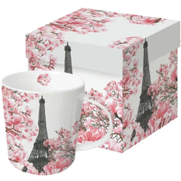 Eiffel Tower Cherry Blossom Ceramic Mug — ceramic mug with Eiffel Tower and pink cherry blossom print, shown with matching gift box