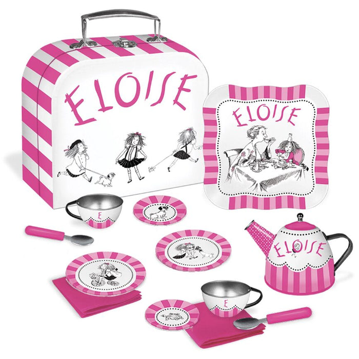 Eloise at the Plaza tea set with suitcase, tray, teapot, cups, plates, spoons, and napkins