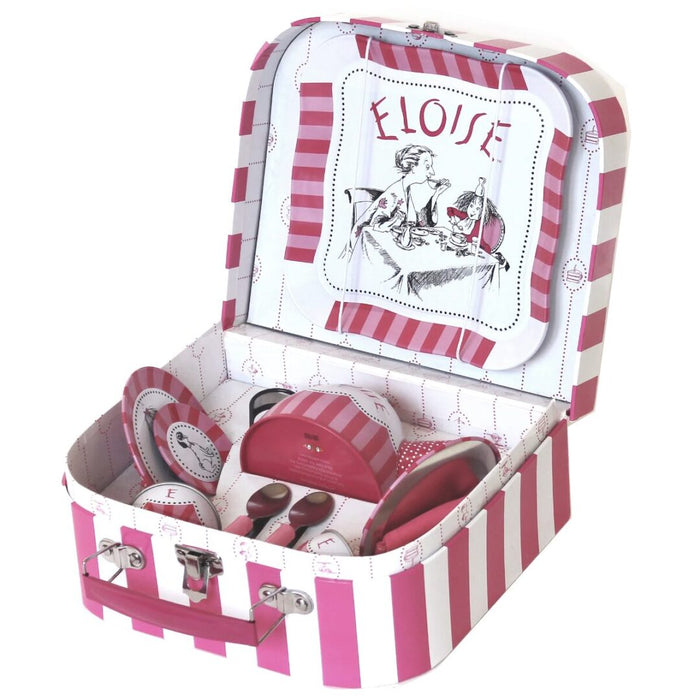Eloise at the Plaza tea set in pink striped suitcase with tray, teapot, cups, plates, and spoons