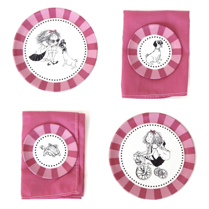 Eloise at the Plaza tea set with pink striped plates, small plates, and napkins