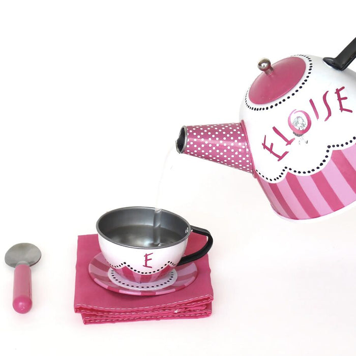 Eloise at the Plaza teapot pouring into cup with saucer, napkin, and spoon