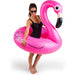 Woman holding a pink inflatable flamingo pool float on a white background