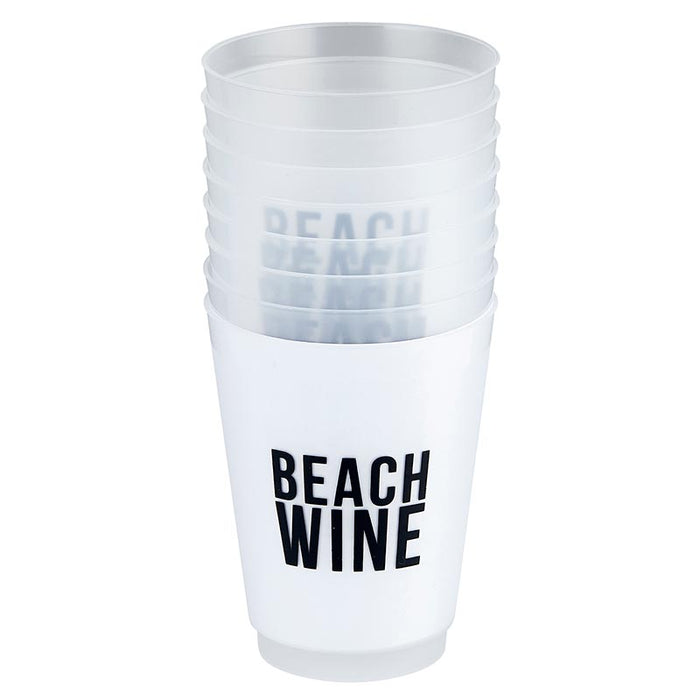 Frosted plastic Beach Wine cup with bold black lettering for beach days and summer entertaining