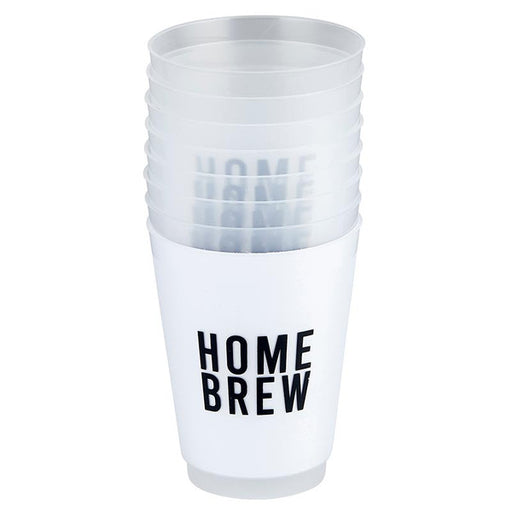 Stack of white plastic cups with 'HOME BREW' text on a white background