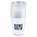 Stack of white plastic cups with 'HOME BREW' text on a white background