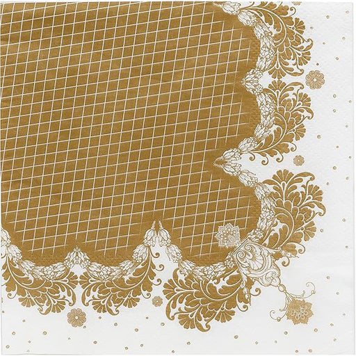 Gold lace luncheon paper napkins with elegant decorative border for weddings, anniversaries, parties, and special table settings.