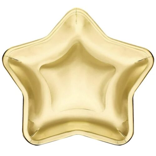 Gold star-shaped paper plate with shiny foil finish for birthdays, graduations, awards parties, New Year’s Eve, and festive table settings.