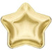 Gold star-shaped paper plate with shiny foil finish for birthdays, graduations, awards parties, New Year’s Eve, and festive table settings.