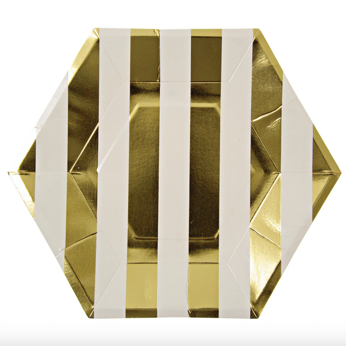 Gold and white striped hexagon paper plates with gold foil design for stylish birthdays, weddings, bridal showers, and party table settings.