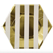 Gold and white striped hexagon paper plates with gold foil design for stylish birthdays, weddings, bridal showers, and party table settings.