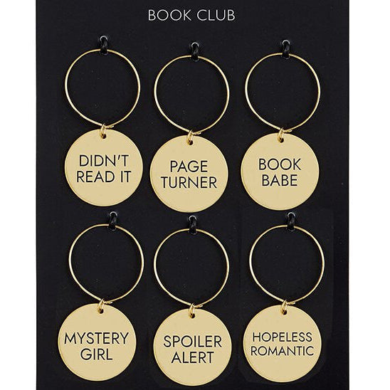 Book club wine charms with funny book lover phrases for wine glasses