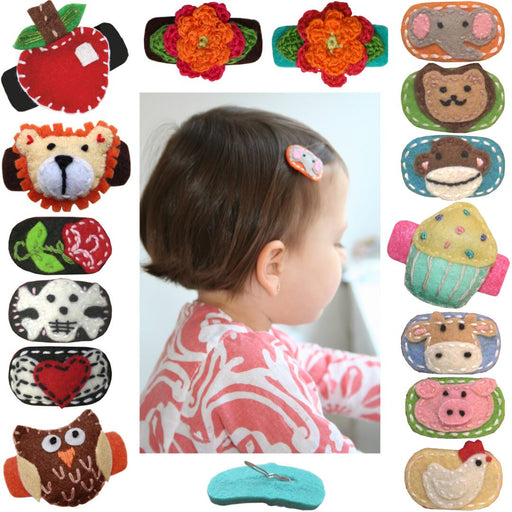 Handmade felt hair clips for girls with animals, flowers, fruit, cupcakes, and colorful snap clip designs