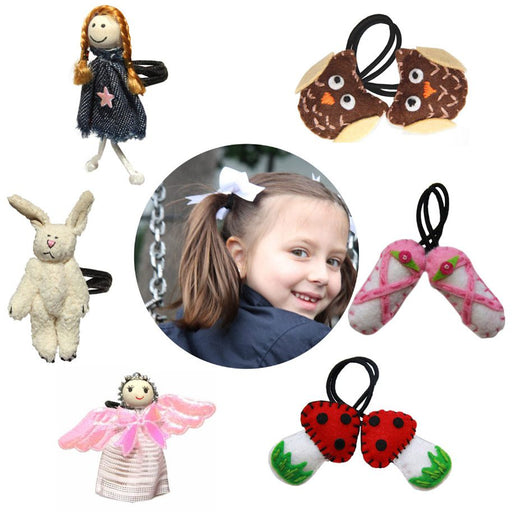 Handmade felt ponytail bands for girls in angel, bunny, ballet slipper, mushroom, and owl designs – kids hair accessories from Modern Lola