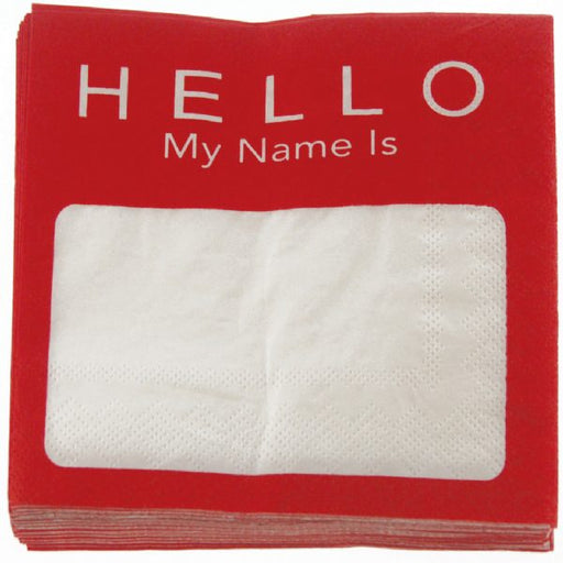 Red and white Hello My Name Is cocktail paper napkins, writable name tag beverage napkins, set of 2 packs