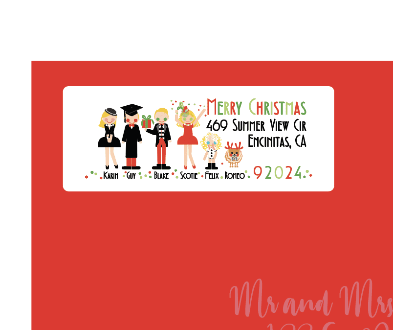 A custom holiday address label featuring cartoon characters representing different family members, with a red background and a white label.