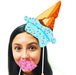 Woman holding printable ice cream photo booth props with cone and sprinkled lips